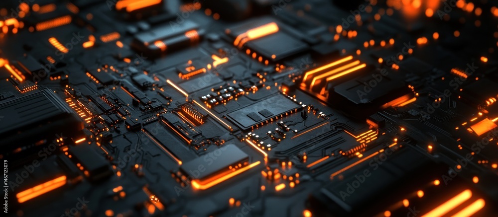 Poster close-up of a complex circuit board with glowing orange lines.