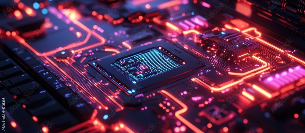 Poster close-up of a glowing circuit board with a central processor.