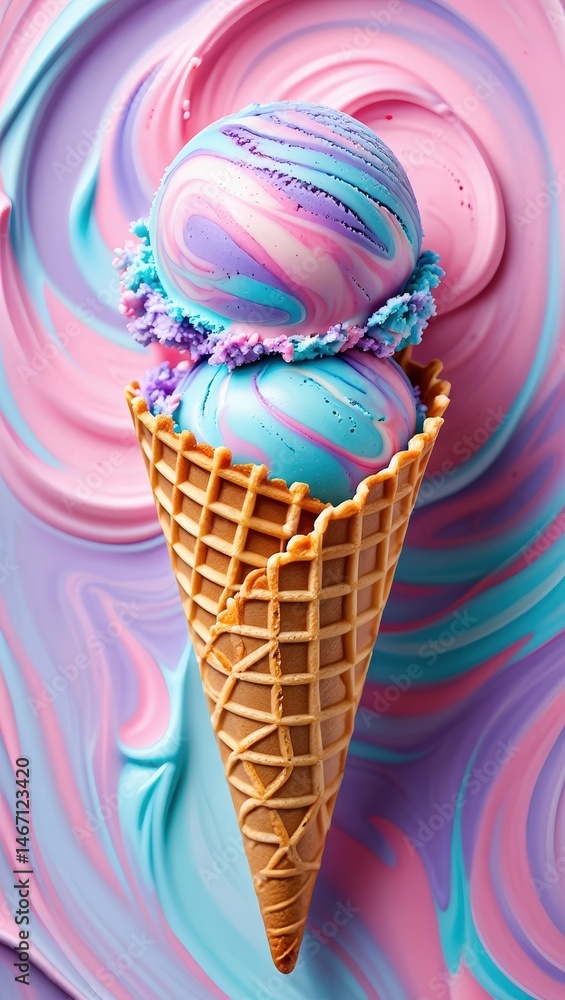 Poster a colorful ice cream cone with two scoops of rainbow-colored ice cream on top of a purple and pink s
