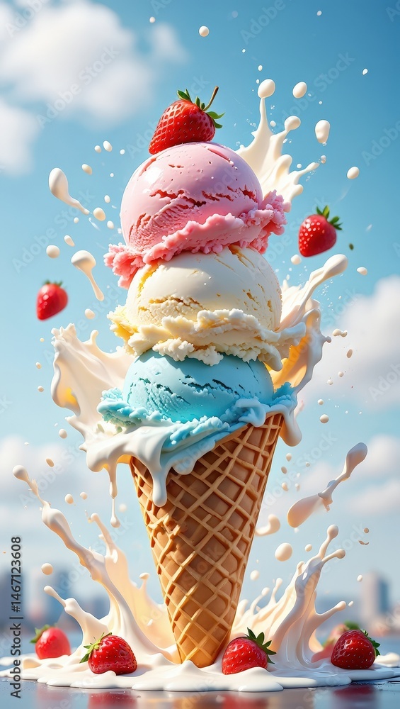 Aufkleber three ice cream cones with different flavors of ice cream splashing out onto the ground.