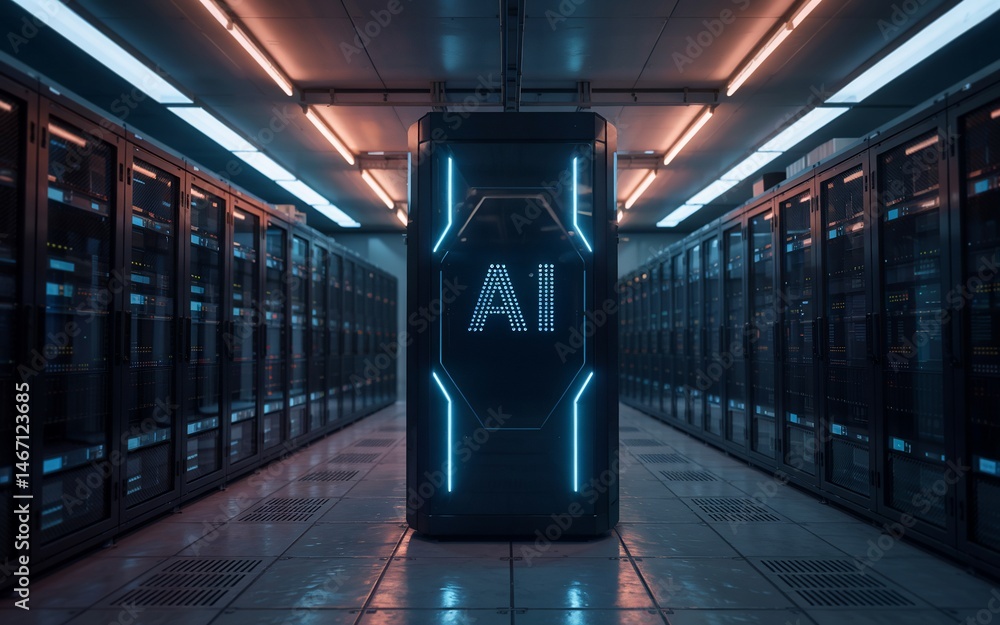 Poster ai server room with glowing ai text on the front of the server