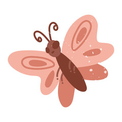 Butterfly in texture. Pink wings. Flat isolated color doodle illustration. An insect in the garden. Perfect for prints, packaging, posters, blogs and children's or nature projects in a cozy style.