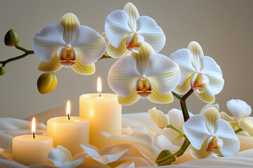 Phalaenopsis orchid blossoms illuminated by the gentle warm glow of white candles