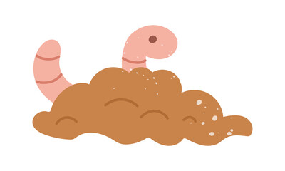 rainworm peeking out of the ground, with a texture. Flat color isolated illustration with doodle elements. Cute. Suitable for decorating children's and nature projects, prints, packaging, blogs