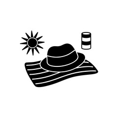 sunhat with sunscreen and beach towel on white 