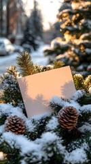 A blank card nestled in a snowy evergreen arrangement, bathed in warm sunset light