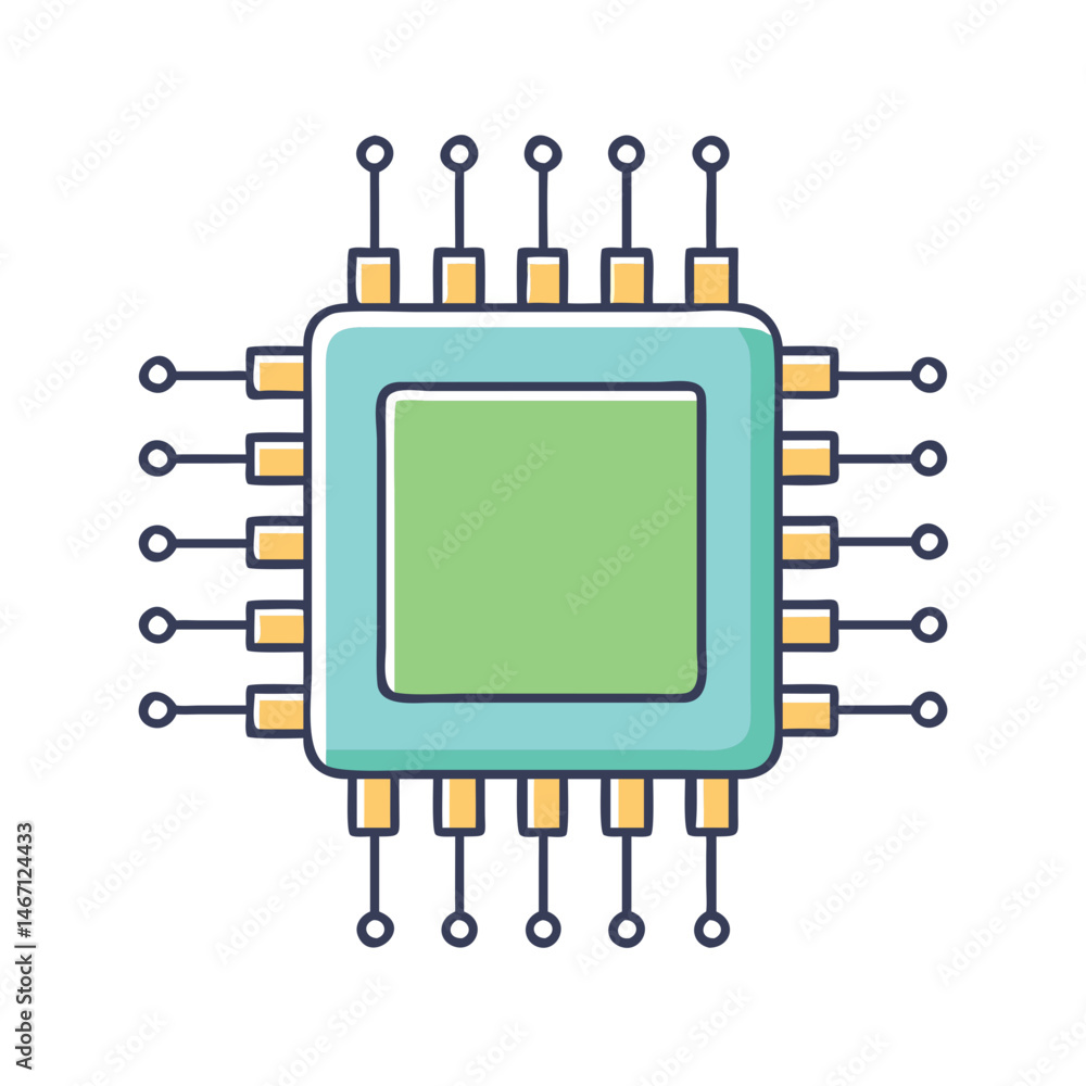 Poster illustration of a microchip cpu processor for computer hardware and technology applications