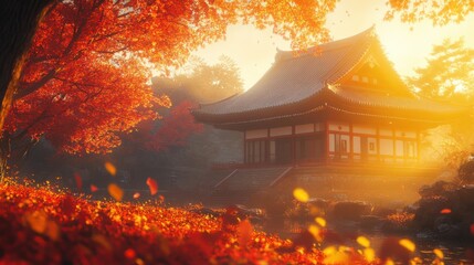 Obraz premium Traditional Japanese Temple Among Autumn Maple Tree