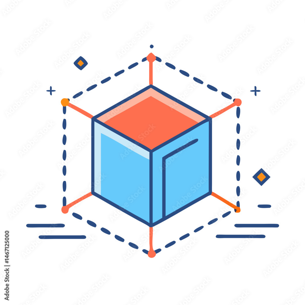 Poster isometric cube diagram with perspective view and dotted lines for technical illustration design