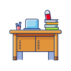 Illustration of study desk with laptop books and stationery for education and work concept