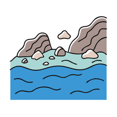 Illustration of a rocky coast with ocean waves and cliffs for travel and nature designs