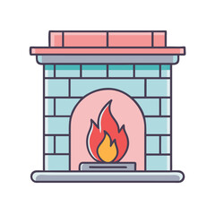 Illustration of fireplace with fire flame burning, cozy home interior, hearth, warm, heat, light