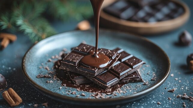Melted chocolate poured over dark chocolate squares