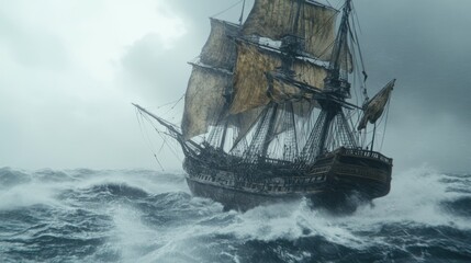 Historic sailing ship battling stormy ocean waves.