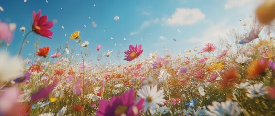 Colorful flower field, petals flying, vibrant sky