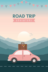road trip adventure in the wilderness car on mountain landscape vector illustration