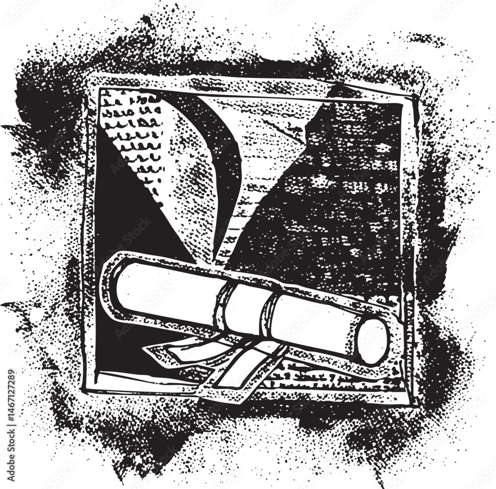 Poster a black and white depicts a rolled scroll with parchment pages spilling out of it framed within a sq