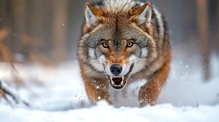 Obraz premium Running Wolf Growling in Winter Snow Forest Close Up