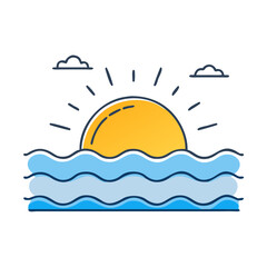 Sunrise over the ocean vector illustration with waves and clouds summer vacation design art