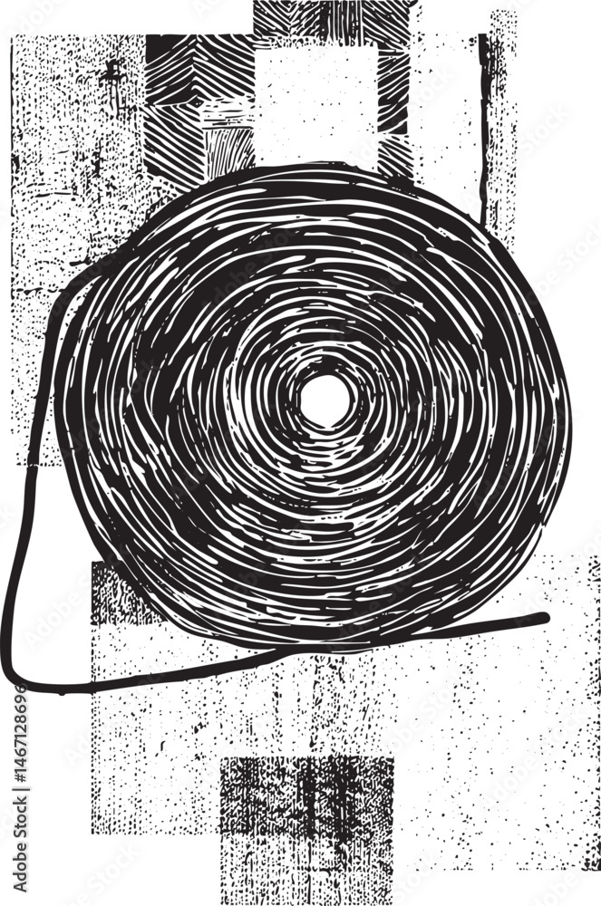 Poster a large circular coil of thread extends from a textured background.
