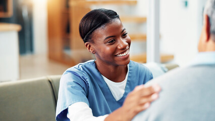 Happy woman, nurse and hand on shoulder for healthcare, medical support or good news for wellness...