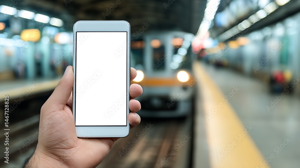 Poster person, s hand holding mobile phone with white empty screen in front of blurry subway train entering