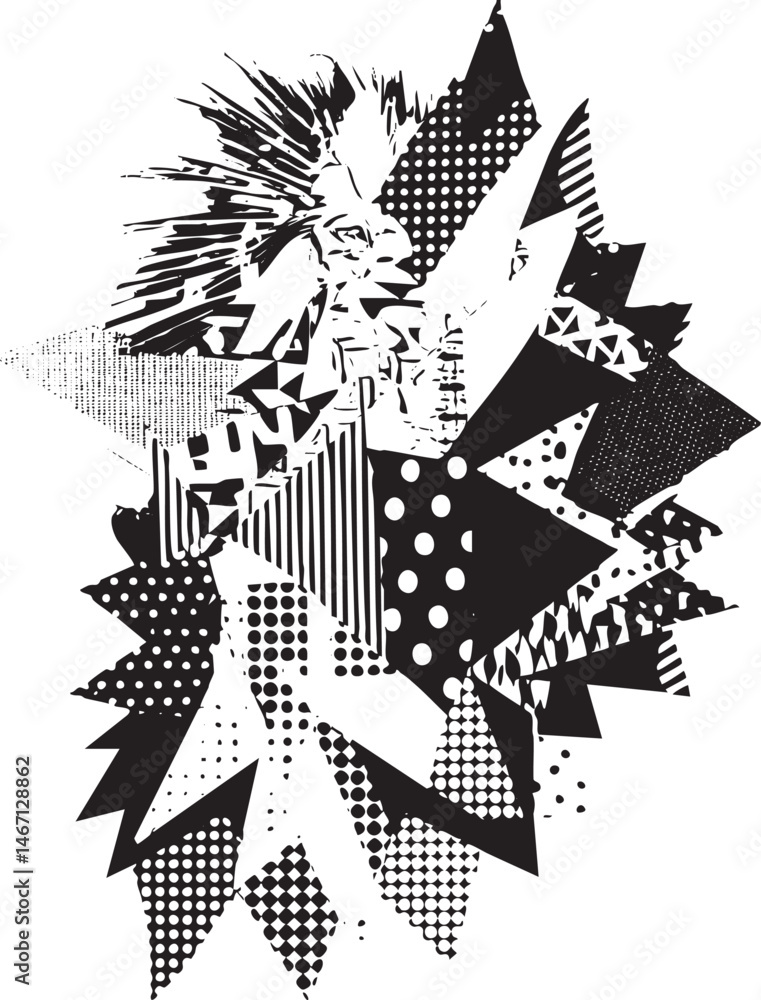 Poster abstract geometric shapes in stark black and white create a dynamic fractured composition.
