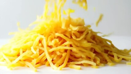 Downward Shot of Shredded Yellow Cheddar Cheese Falling Against Clean White Backdrop in Slow Motion Perfect for Culinary Projects and Food Blogs Eye Level - Powered by Adobe