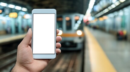 Person, s hand holding mobile phone with white empty screen in front of blurry subway train entering station platform with train on background, mock up of a smartphone concept
