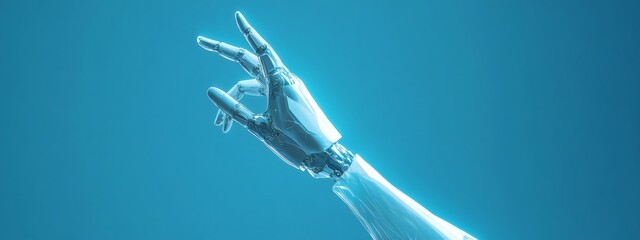 White robotic hand reaching for human finger on blue background symbolizing AI, digital connection, and futuristic technology
