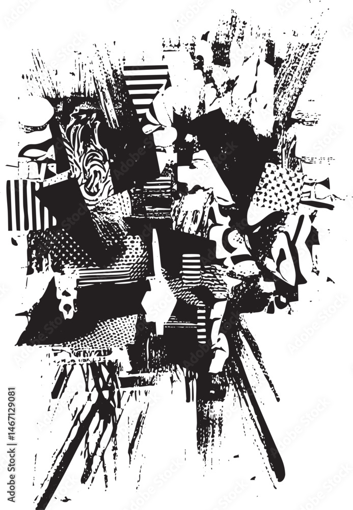 Aufkleber a fragmented textured composition of abstract shapes and lines in black and white.