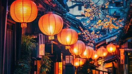 Old Kyoto Street with Hanging Lanterns at Night