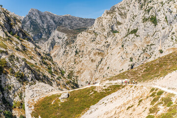 Stunning panoramic view of the dramatic rocky peaks and deep valleys of the Picos de Europa National Park in  Spain, showcasing rugged cliffs, narrow gorges. Popular destination for hiking, adventure.