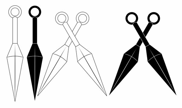 Vector set of kunai knives, iconic ninja weapons in outline and solid styles. Perfect for games, anime, martial arts, weapon icons, or Japanese culture designs.