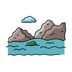 Cartoon landscape of mountains, lake, and cloud illustration for nature scenery design