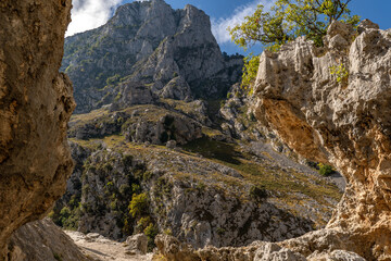 Stunning panoramic view of the dramatic rocky peaks and deep valleys of the Picos de Europa National Park in  Spain, showcasing rugged cliffs, narrow gorges. Popular destination for hiking, adventure.