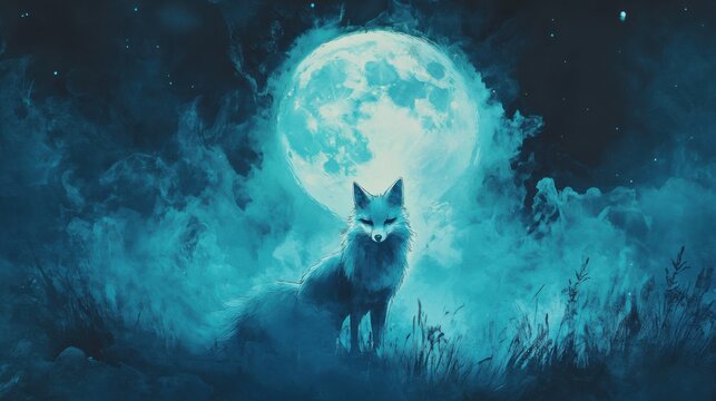 Mystical Kitsune Fox Spirit Standing Under a Full Moon