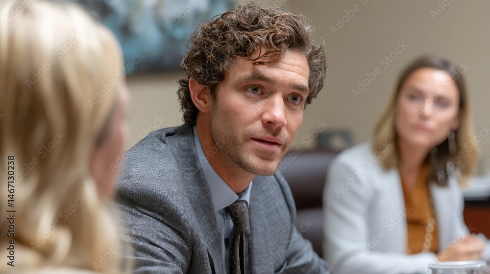 Aufkleber a man in a tailored suit engages in conversation with two women during a corporate meeting. the atmo