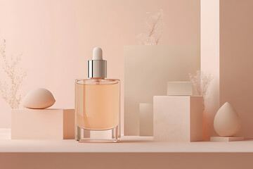 Elegant glass bottle of serum displayed on soft pastel background with geometric shapes and decor