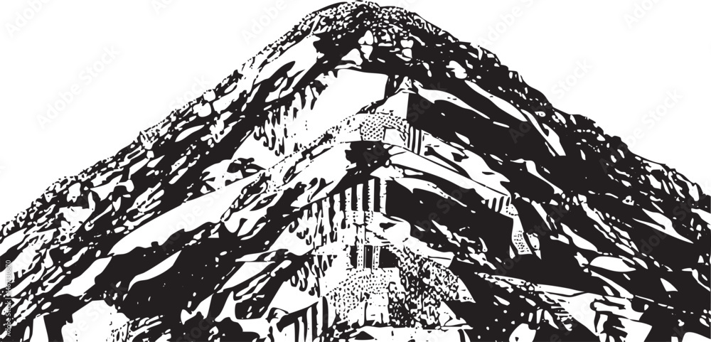 Poster a dramatic angular mountain peak dominates the scene with a detailed nestled within its slopes.
