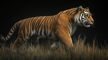 Fototapeta premium Tiger walking in tall grass, black background, wildlife photography, nature documentary