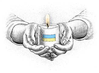 Ukrainian flag on a candle held by hands drawn by hand