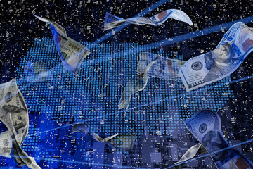 A pile of dollar bills of money is flying in the air