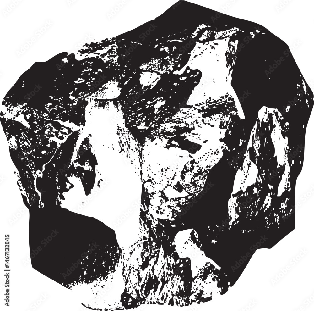 Poster a stark geometric head portrait dominates the with sharp angles and textured lines.