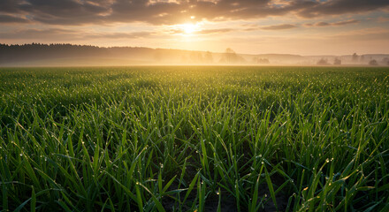 Sunrise Over Lush Green Field, Capturing Serene Rural Landscape With Dew