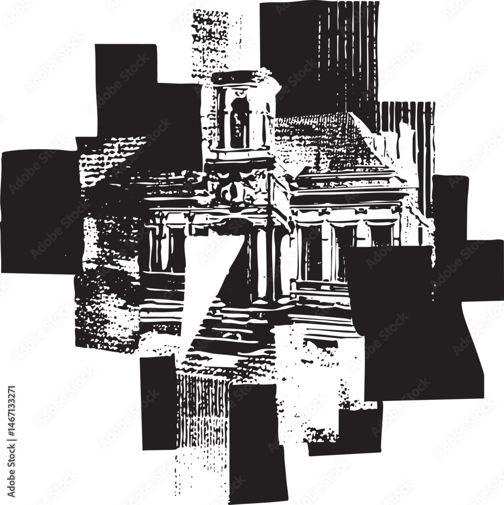Poster a grayscale architectural rendering depicts a classical building with intricate details.