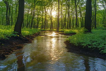 Obraz premium Sunset Over a Forest Stream