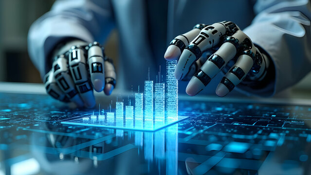 Robotics Engineer's Hands Connecting AI Component Puzzle Pieces Creating Machine Learning Growth Chart on Reflective Digital Surface