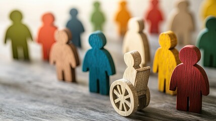 Wooden figures symbolizing discrimination and lack of inclusion for disabled person in a wheelchair