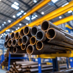 A bunch of pipes are stacked on top of each other in a factory
